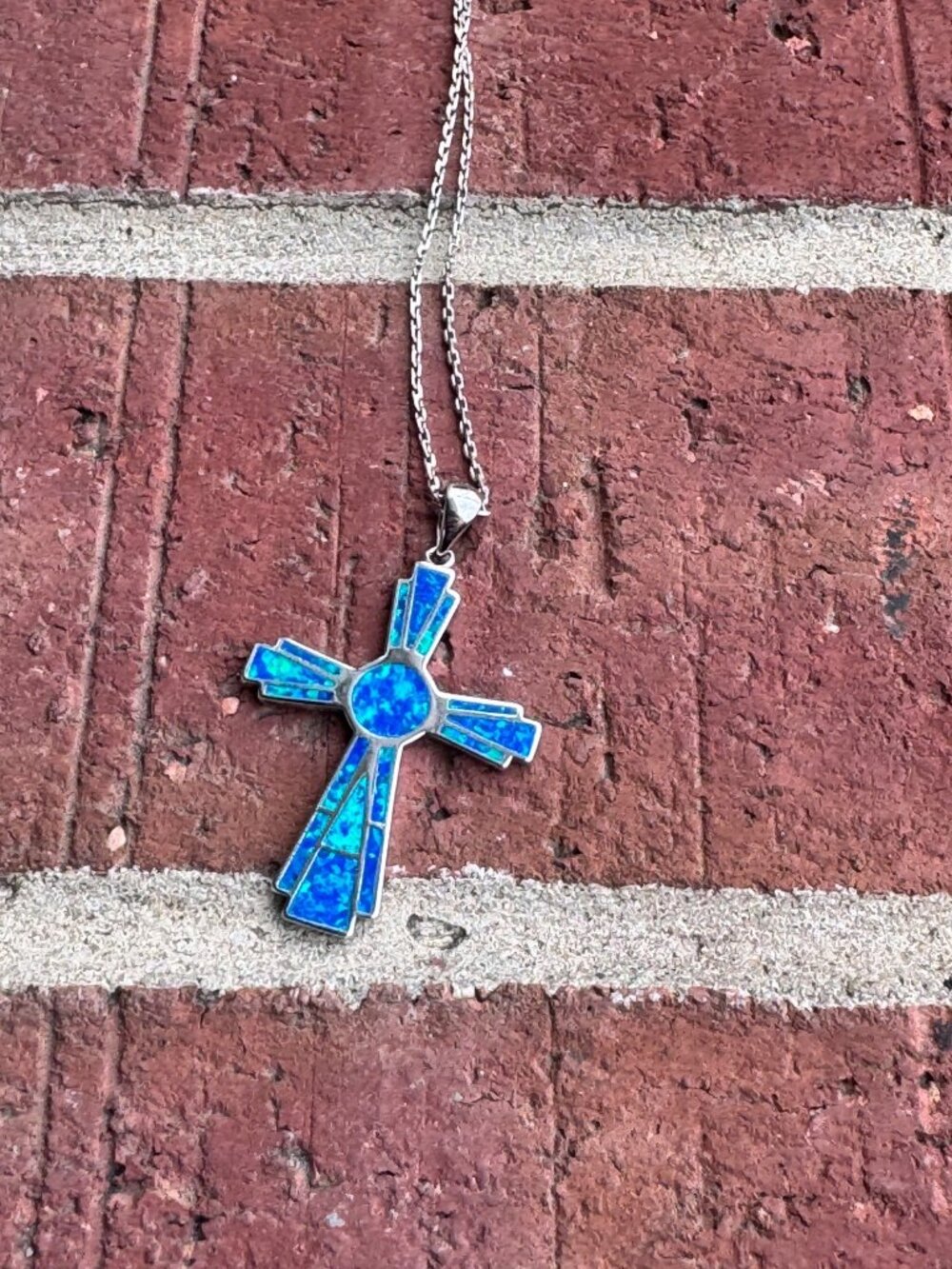 Sterling Silver Blue Opal Inlay Cross Pendant Necklace 23” Chain 7.3g 2” - Picture 2 of 8
